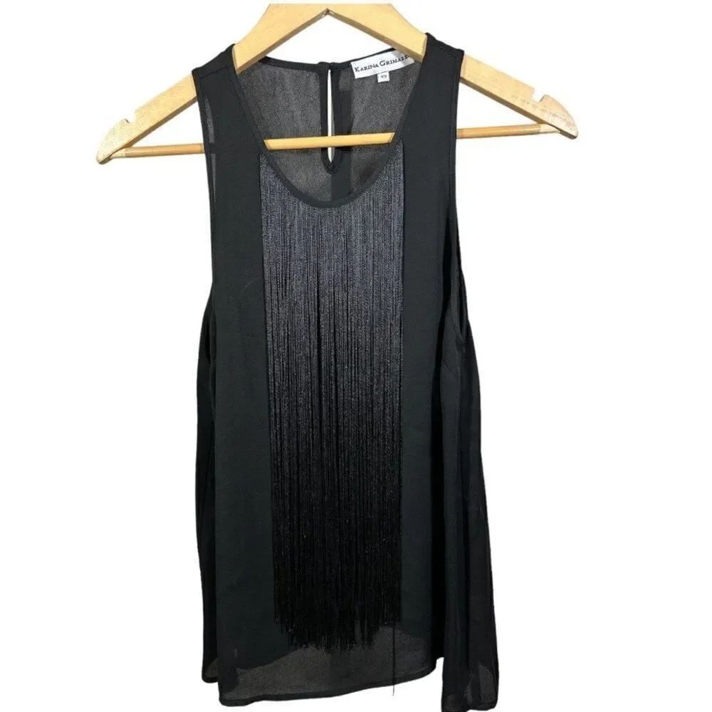 KARINA GRIMALDI Women’s Fringe Front Sleeves Top Black Size Extra Small